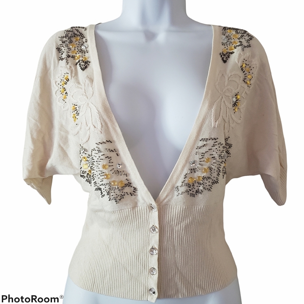 White House Black Market silk beaded short sleeve cream cardigan size medium